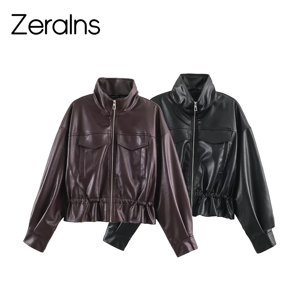 ZERAINS New women's European and American style long sleeved stand up collar leather jacket with adjustable waist effect
