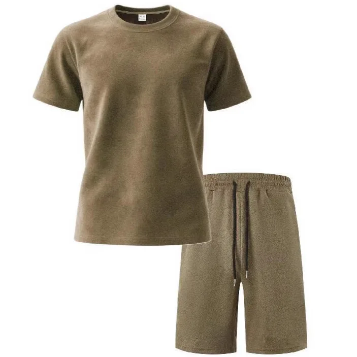 

2026 New Mens Suede Casual Sports Short Sleeve T Shirt And Shorts Set Solid Color Crew Neck Loungewear Streetwear Outfits
