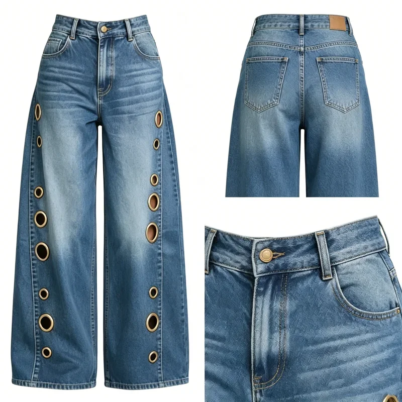 

Vintage High Waist Wide Leg Jeans For Women With Metal Eyelet Side Detail Casual Loose Denim Streetwear Pants
