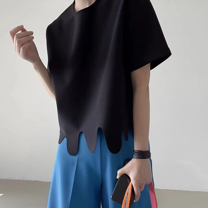 

KUSAHIKI Round Neck Irregular Wave Pattern Versatile Short Sleeved T-shirt Top