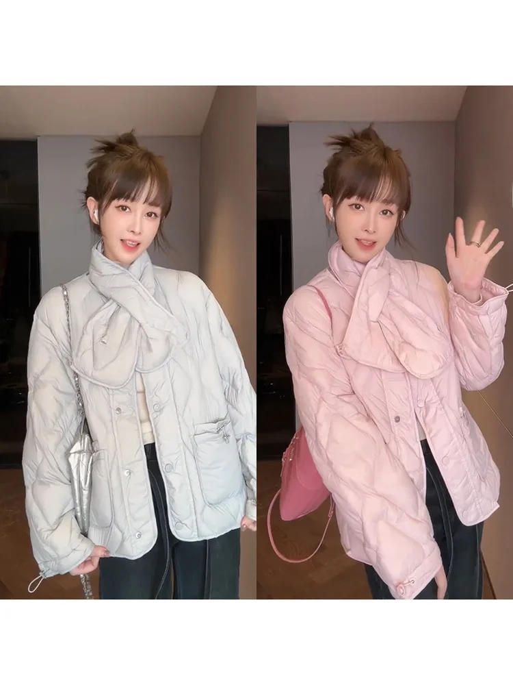 

Пуховик Mimius для женщин с круглым вырезом горловины, в комплекте шарф, легкое зимнее пальто с эффектом похудения, без капюшона, 90% пуха