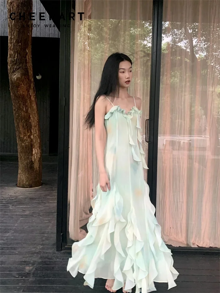 CHEERART Mint Green Ruffles Long Maxi Vacation Dresses 2024 Women Summer Beach Tunic Slip Holiday Dress Ball Gown Clothes