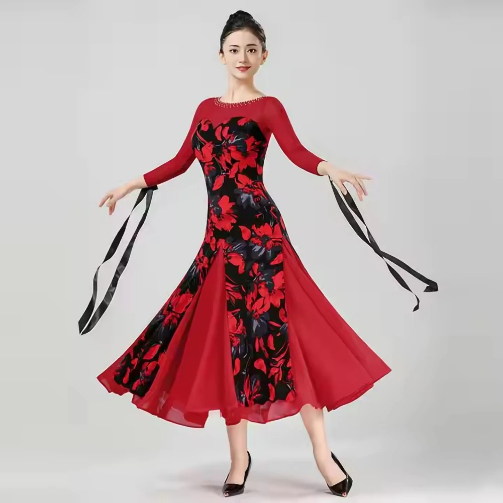 2024 Waltz Dress Mesh Standard Dance Wear Big Skirt Ballroom Dance Dress Round Neck Long Sleeve Women\'s Printed Stage Costume