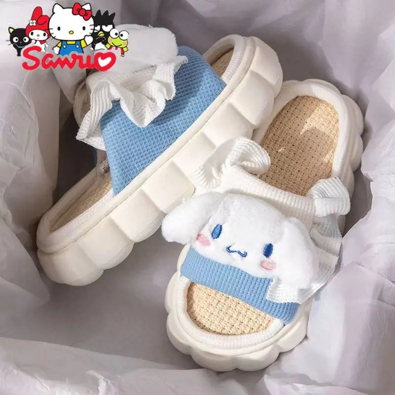 MINISO Melody Kuromi Hello Kitty Cinnamoroll Pochacco Linen Slippers Home Soft Thick Bottom Non-slip Breathable Seasonal Slipper