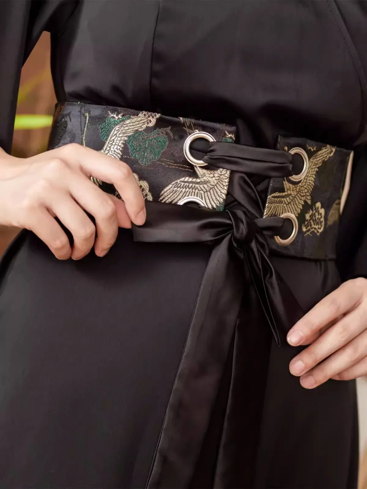 Cintura larga da donna in stile retrò, gru di colore nero con stampe per tutte le partite, cintura per abiti, kimono Obi, accessori Hanfu