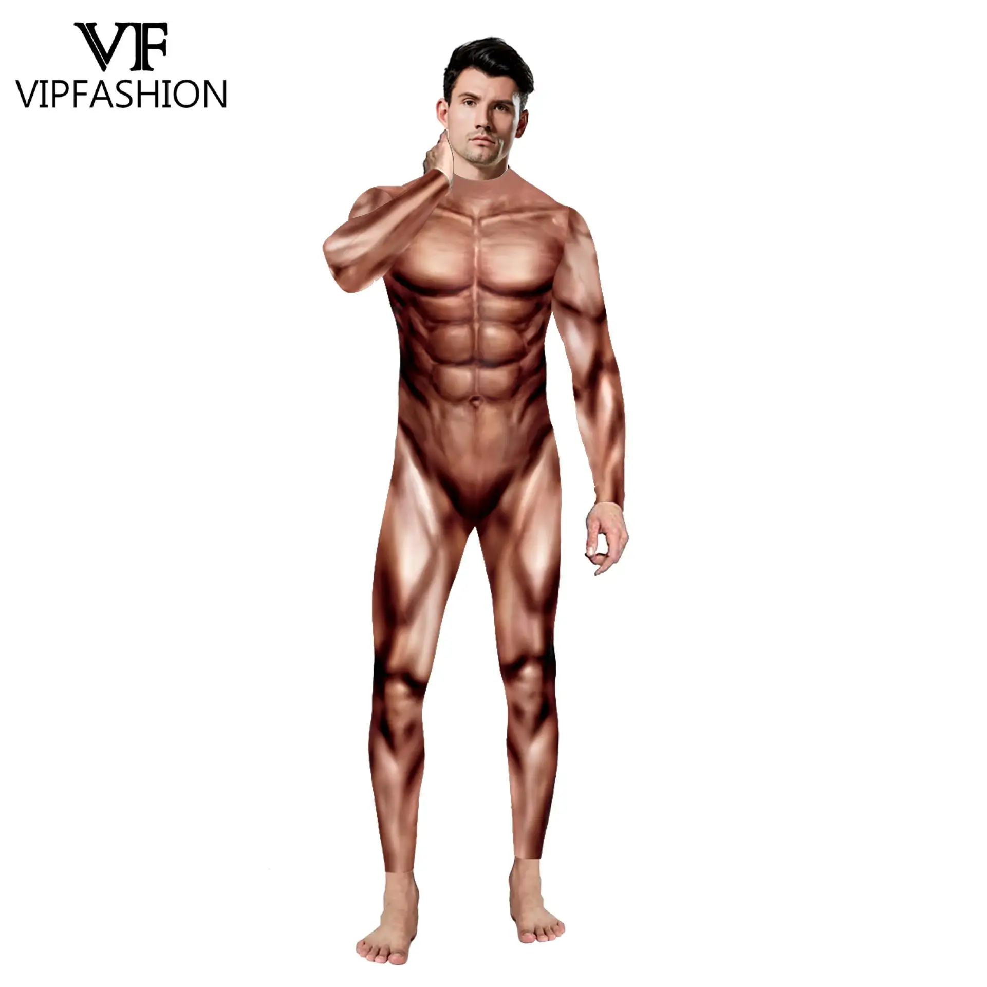 VIP FASHION Funny Muscle 3D Printing Purim Festival Party Zentai Bodysuit Jumpsuits Halloween Cosplay Costumes For Men