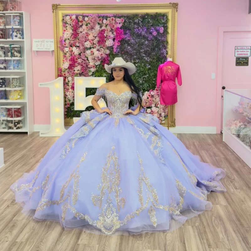 

Lavender Quinceanera Dress Golden Sequins Crystal Decal Lace Long tail off-shoulder Bow Vestidos De 15 Quinceanera ﻿Customize