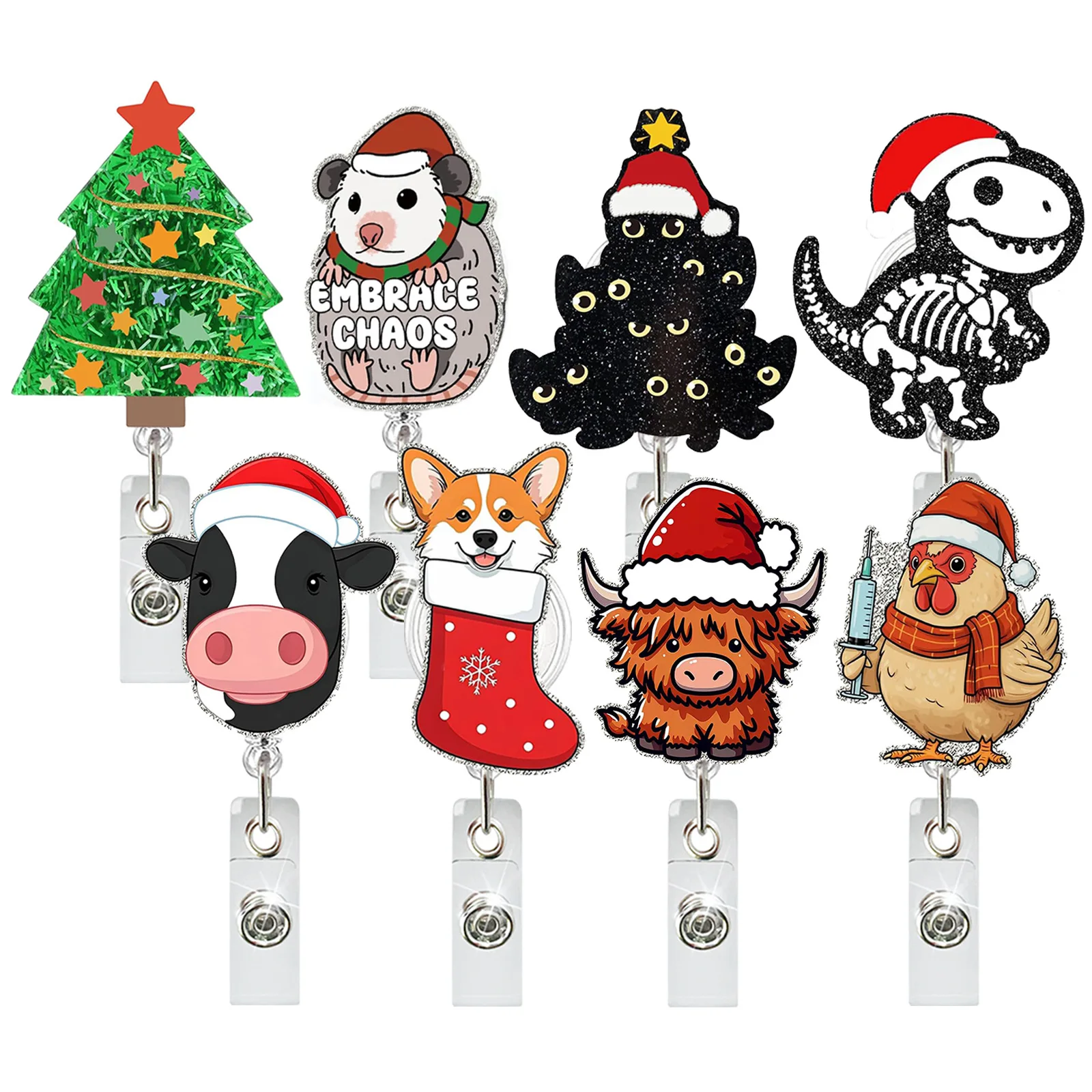 Acrylic Glitter Christmas Tree Black Cat Dinosaur Cow Chicken Dog Retractable Badge Reel Rotating ID Badge Holder Christmas Gift