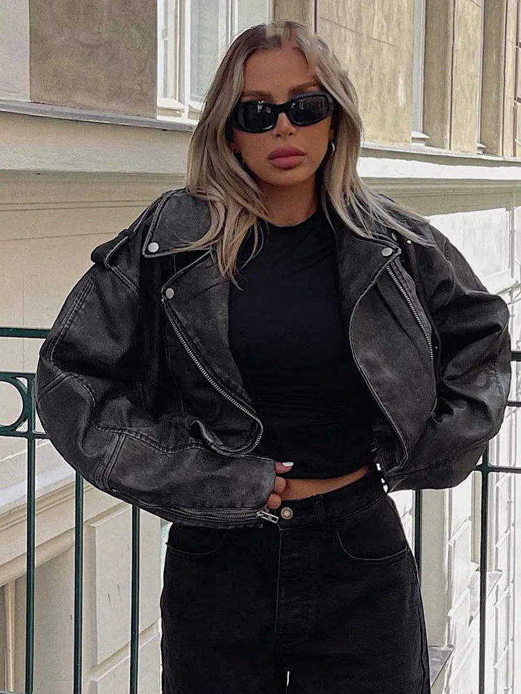 

HH Women's Vintage Loose Jackets Solid Color Turn-Down Collar Long Sleeves Zipper Women Autumn Fashion And Chic Jackets