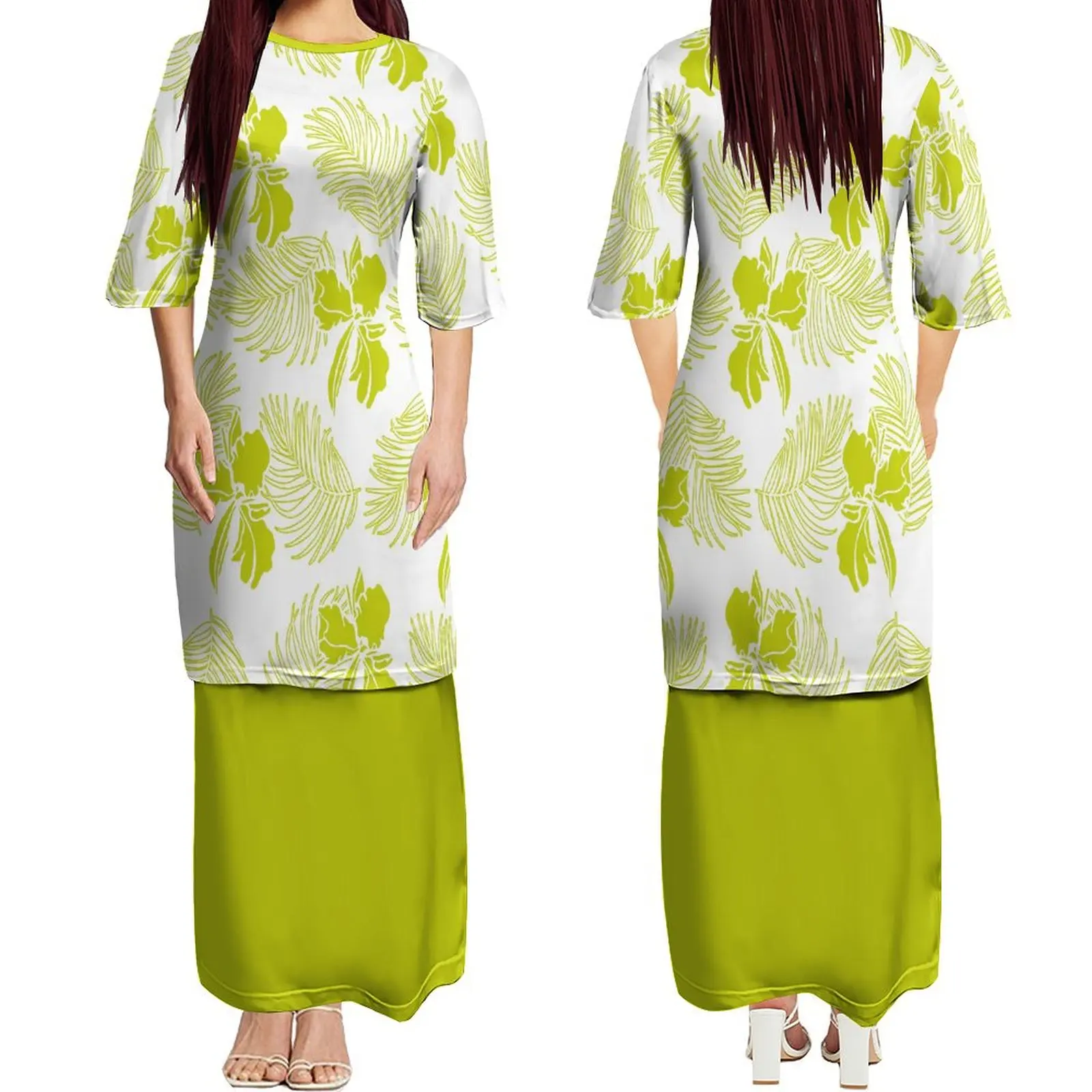 Popular Polynesian Design 3/4 Sleeve V-Neck Dress Puletasi Samoan Custom Top And Skirt Two-Piece Set