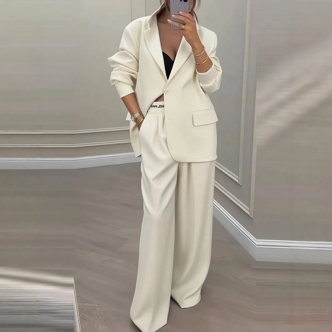 Autumn Winter Blazer Jacket Set Woman Elegant Single Button Lapel Cardigans & Wide Leg Trousers Suit Elegant Solid Office Outfit