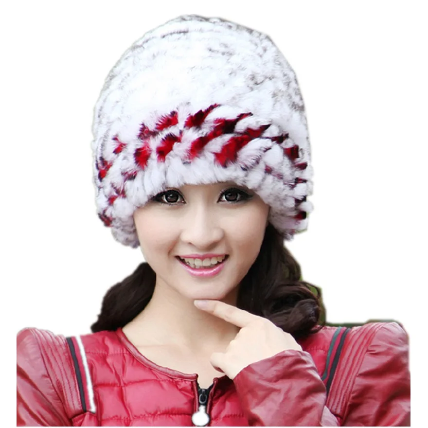 

Real Rex Rabbit Fur Hat for Women Winter Fluffy Fashion New Caps Thick Warm Knitted Striped Lady Knit Russian Outdoor Beanies