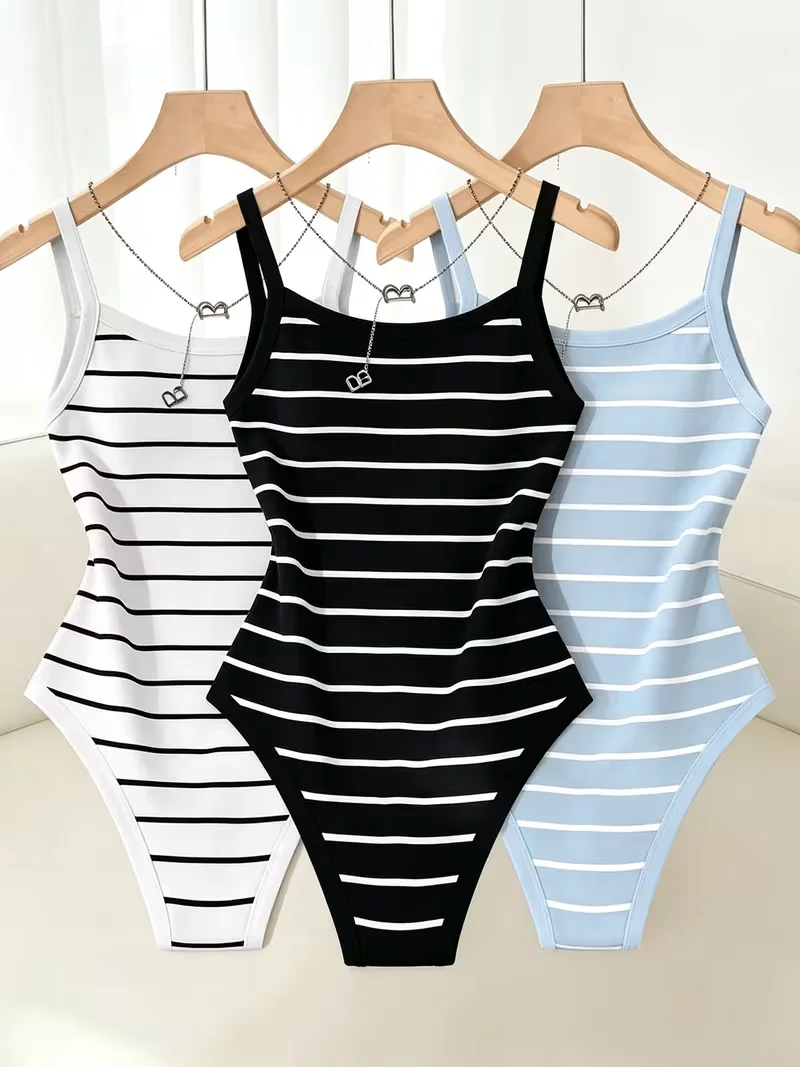 Y2K Striped Sling Bodysuits Women Square Neck Sleeveless High Cut Leotard Stretch Bodycon Tank Tops Casual Daily Basic One Piece