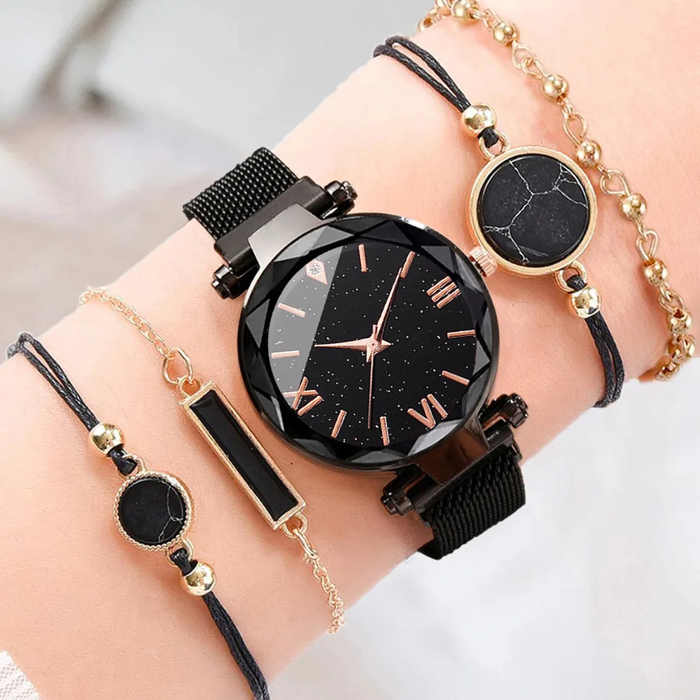 5pcs Women's Fashion Starry Sky Love Absorbent Iron Mesh with Quartz Watch+Bracelet Combination Set