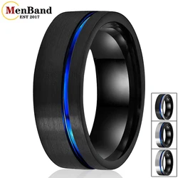 Black Tungsten Carbide Wedding Ring For 8MM Men And Women Blue Offset Groove Flat Band Brushed Finish Comfort Fit