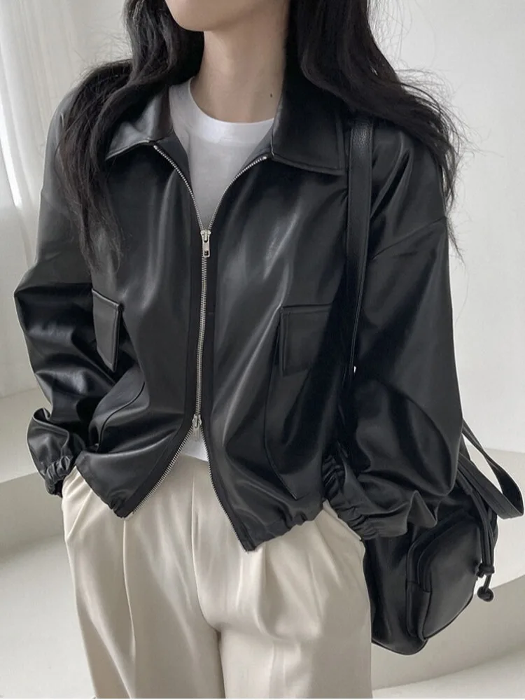 

Chic Spring New Sle Double Zipper Design Long Sve Leather Jaet Women's Dstring Belted Coat with Big kets Korean ...