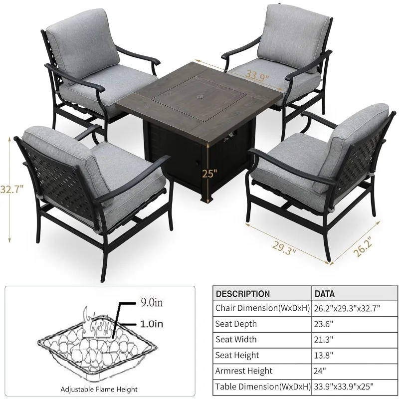 Patio Conversation Set Outdoor Furniture CSA Certification 50,000 BTU 33.9 Inch Propane Fire Pit Table Sets