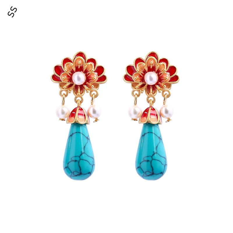 

Original Design Chinese Style Vintage Gold-Plated Enamel Sunflower Earrings with Turquoise-Inlay and Pearls Affordable Ear Studs