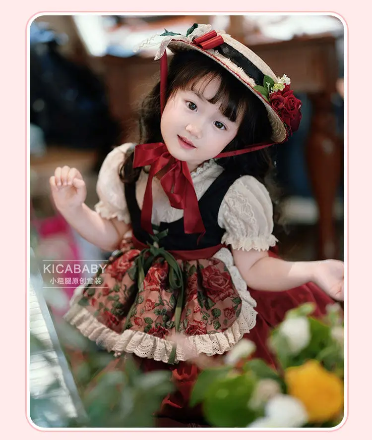 Handgefertigtes Prinzessinnenkleid für Kinder, Rosen-Tutu Hochzeitskleid, Mädchen Lolita Sommer Neues Zweiteiliges Blumenmädchenkleid im Hofstil – Detail 8