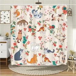 Funny Cats Shower Curtains Cute Animal Floral Bath Curtain Modern Waterproof Polyester Cloth Home Bathroom Decoration With Hooks