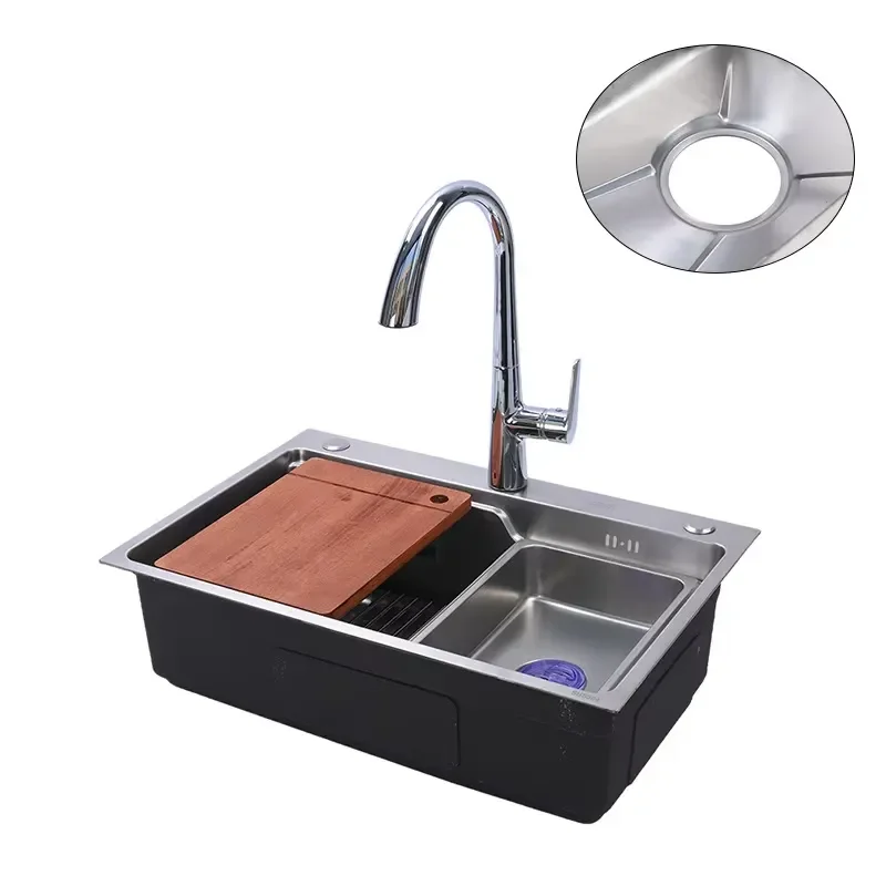Stainless Steel Undercounter Nano Workstation Single Kitchen Sink with Pull Out Faucet and Wooden Cutting Board Modern Simple
