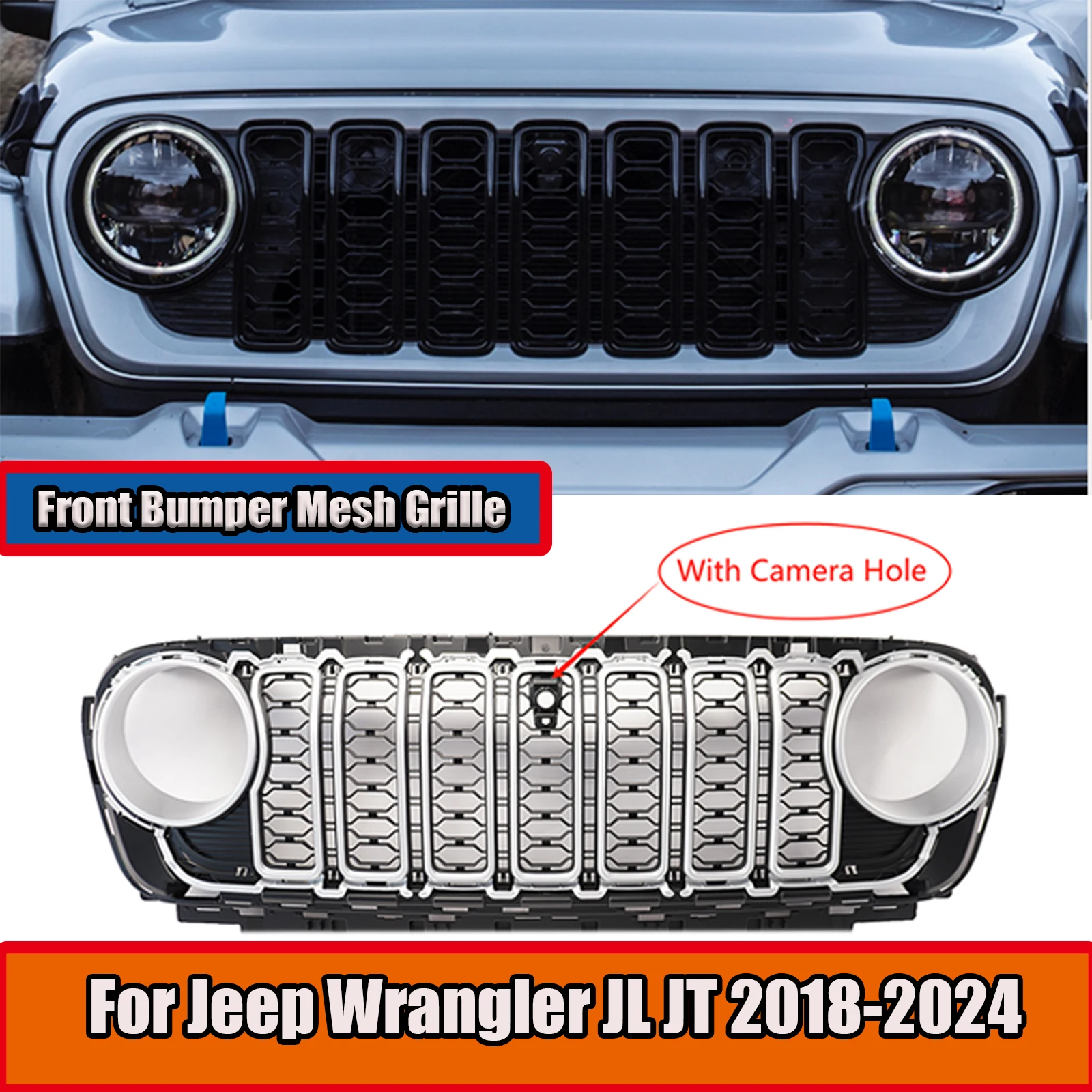 Car Front Bumper Mesh Grille  For Jeep Wrangler JL JT 2018 2019-2024 With Camera Hole Matte Black Silver Exterior Accessories