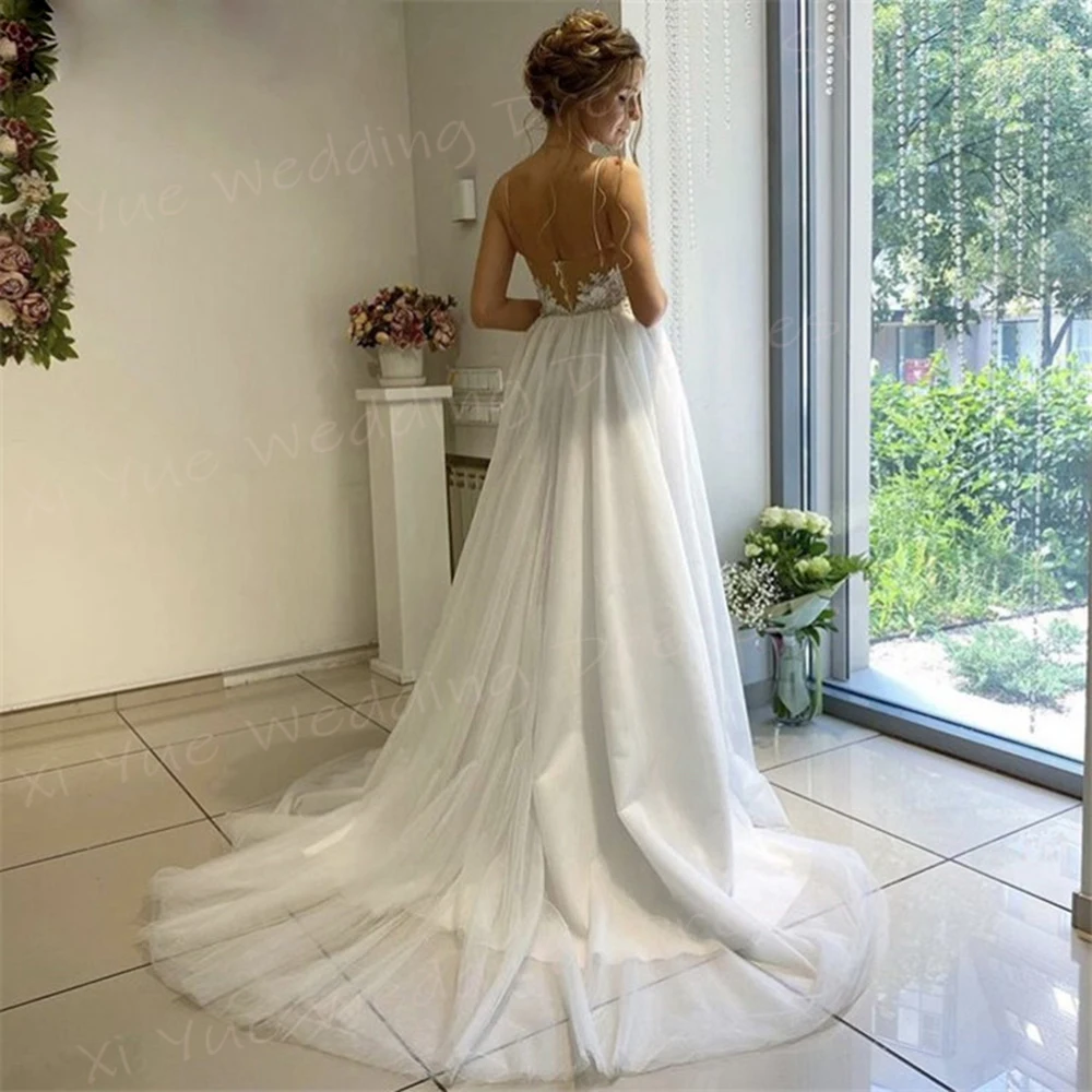 Affascinante una linea abiti da sposa da donna bellissime Appliques di pizzo abiti da sposa Sexy spalline per Spaghetti con spacco laterale Vestido De Noivas