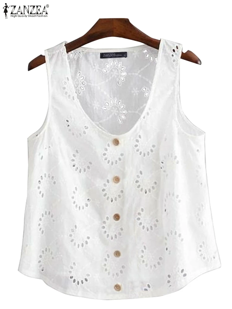 Sexy Sleeveless Hollow Out Camis ZANZEA Women Summer Tank Tops Casual Crochet Lace Blouse Holiday 2024 U-neck Buttons Tunics