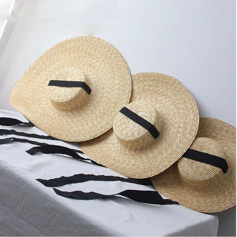 New Summer Straw Flat Top Large Brim Tie Straw Hat Wide Brim Women\'s Hat Vintage Stylish Beach Straw Hat Sombrero Mujer Playa