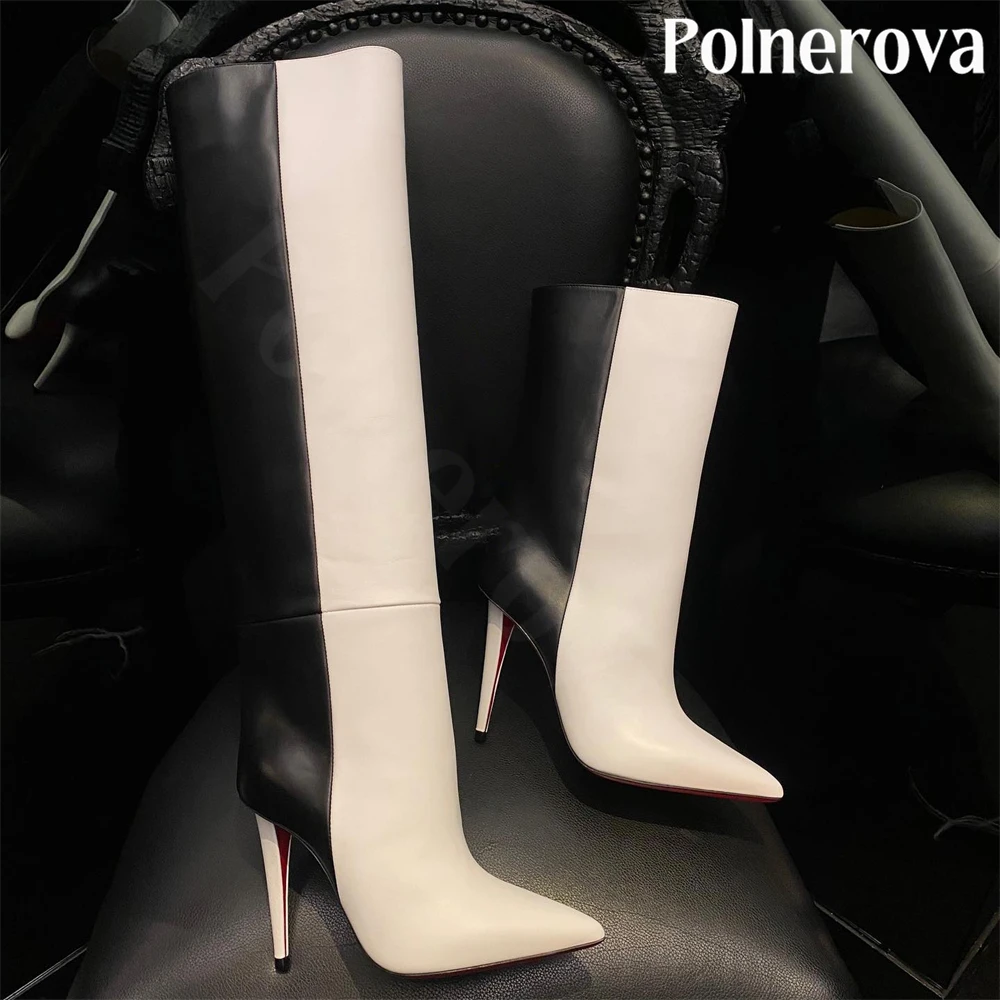 Black and White Leather Colorblock Boots Novelty Designer Style Boots Unique Stiletto Handmade Ankle Boots Knee Boots for Women