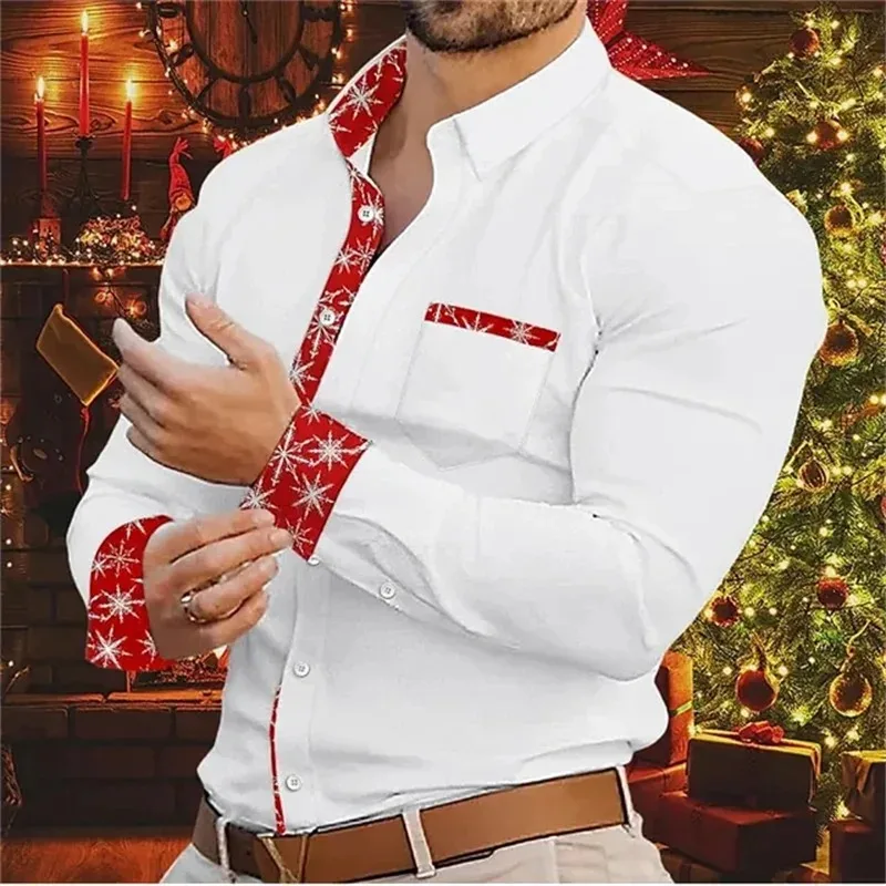 Men's long sleeved shirt, Christmas elements, solid color, snowflake print, comfortable and fashionable family party men's style