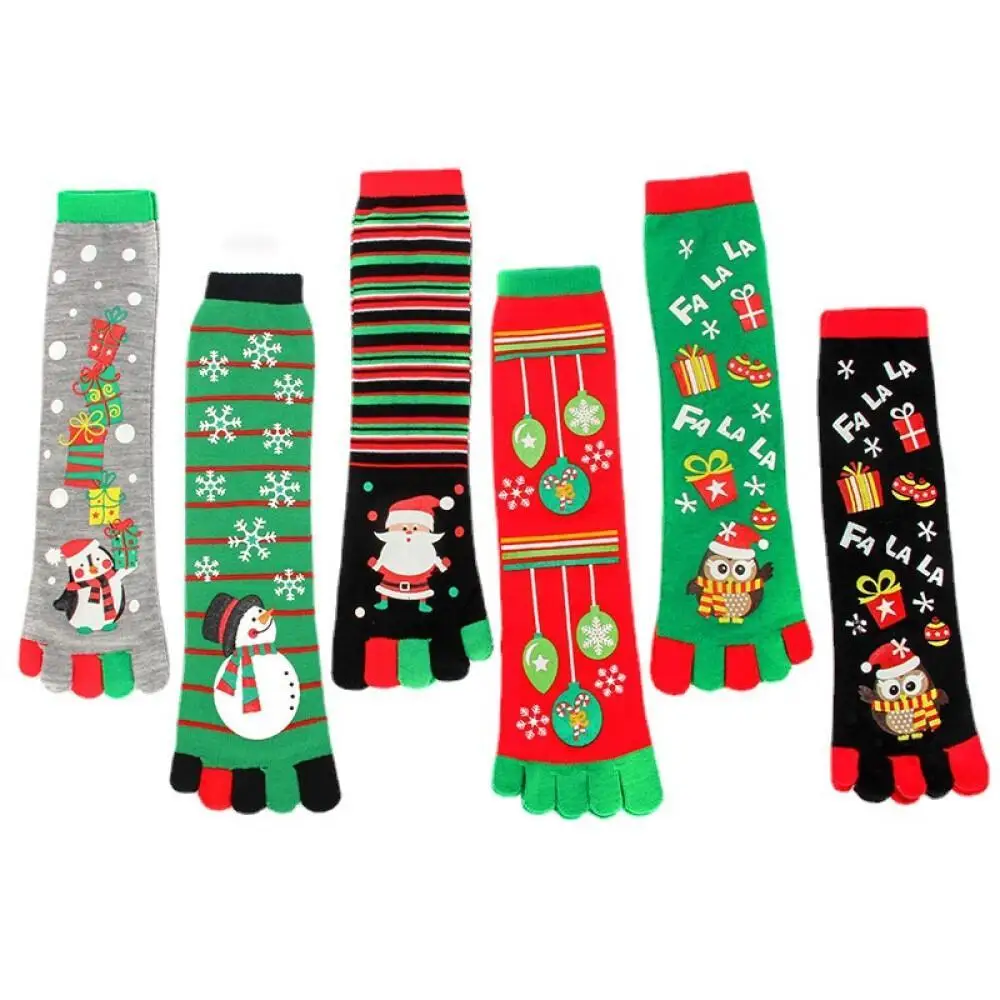 Socks Five Finger Ladies Lengthy Tube Cartoon Design Combed Cotton Toe Warm Sweat Absorbing Cross Border Christmas Hosiery