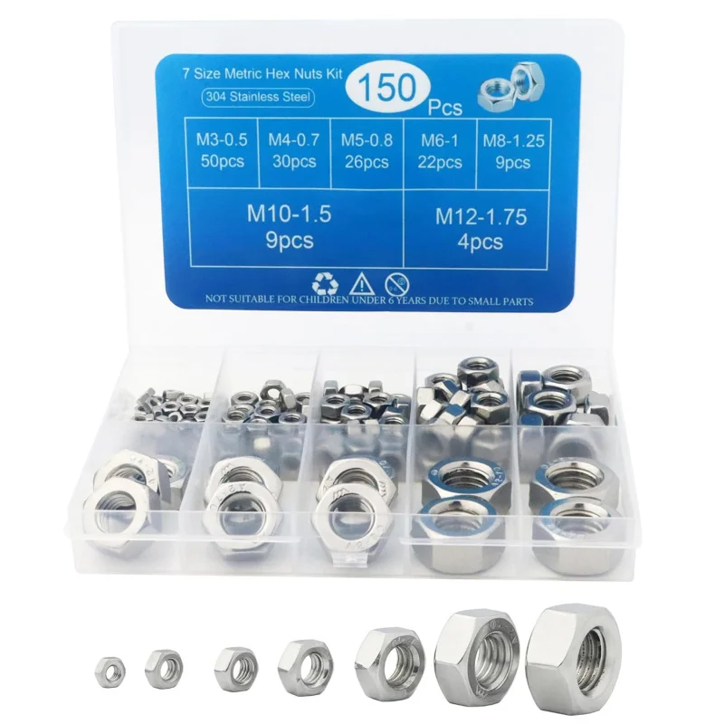 150 Pcs Metric 304 Stainless Steel Standard Hex Nuts Assortment Kit , M3 M4 M5 M6 M8 M10 M12