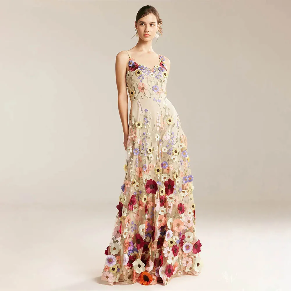 Abiti da sera colorati in pizzo con fiori 3D a due cinghie Abiti da ballo formali su misura