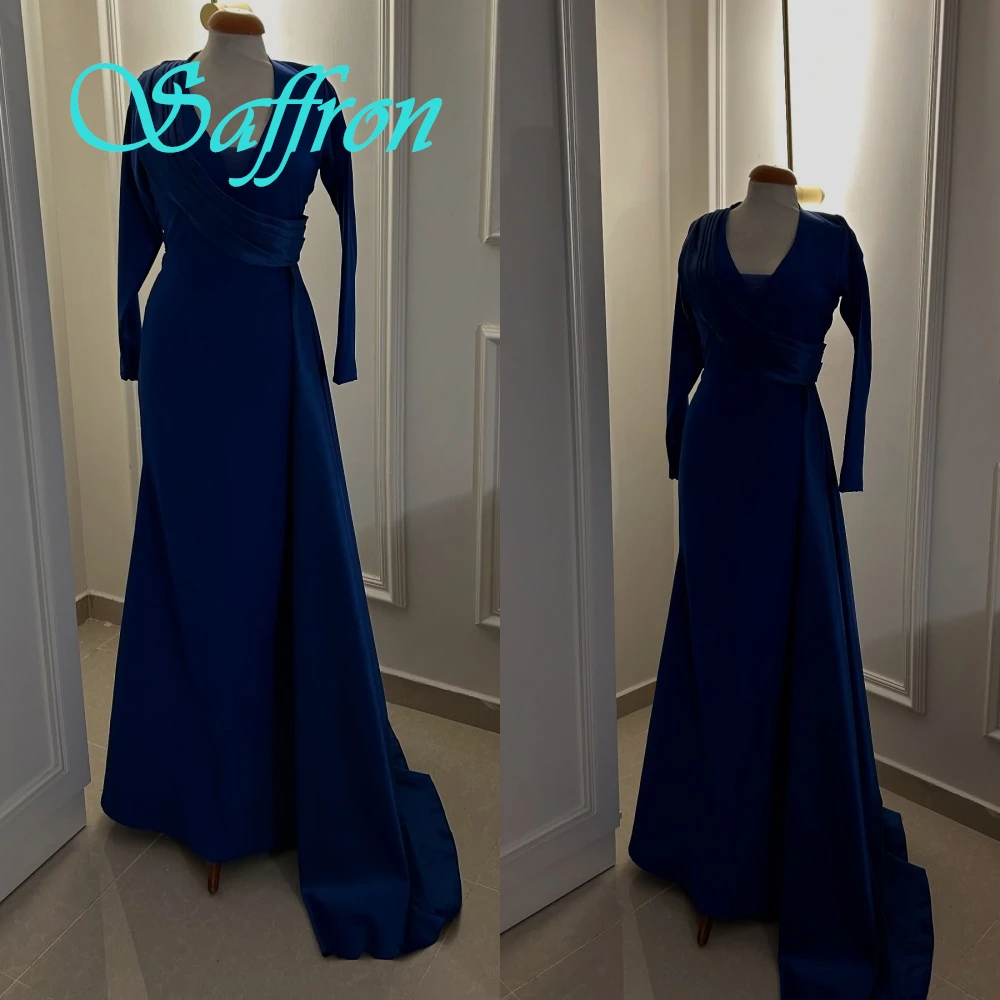 Customized Formal Blue V-Neck Long Sleeves Evening Dress High Quality Satin Prom Dresses Delicate A-Line Homecoming Gowns