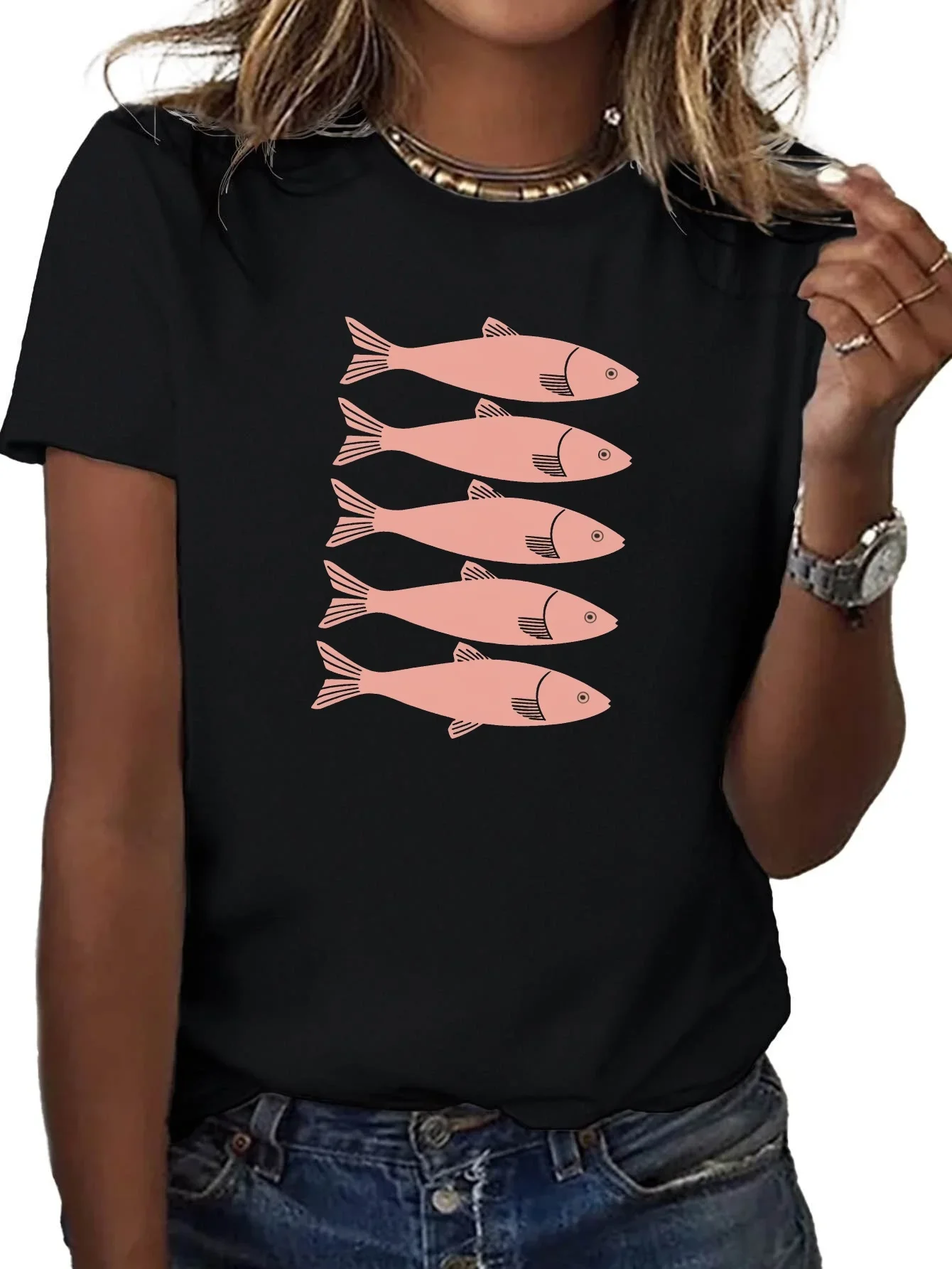 الإبداعية نمط الأسماك المطبوعة تي شيرت عارضة قصيرة الأكمام جولة الرقبة أعلى مريحة اليومية أزياء المرأة الصيف الملابس #2