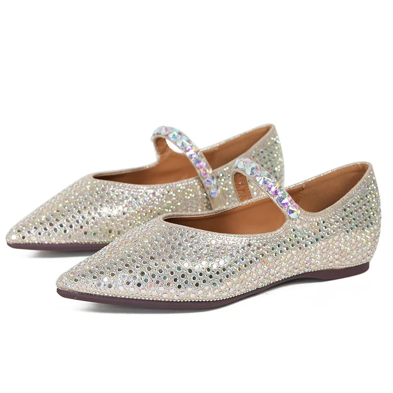 Diamante pérola apontou sapatos prateados para mulheres, sapatos Mary Jane, sapatos baixos com sola macia, tamanho grande, moda luxuosa, alta qualidade, novo, 2024