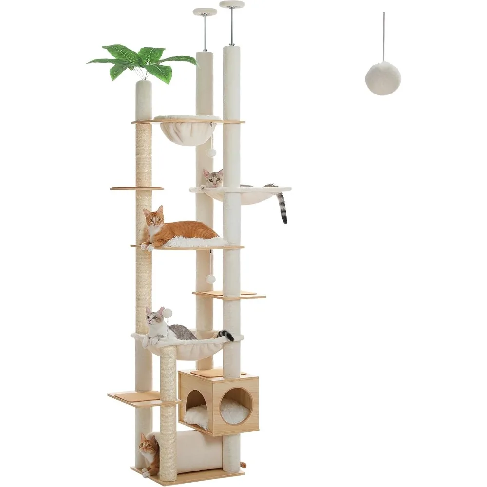 

PEQULTI Floor to Ceiling Cat Tree 93.3’’-100.8’’ Height Adjustable Wooden Cat Tower Tall Climbing Play House with Scratching Pos