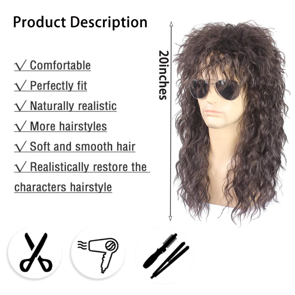 شعر ريترو بانك الاصطناعي المجعد من السبعينيات والثمانينيات، مناسب لكل من الرجال والنساء، شعر مستعار ديسكو روك للعب الأدوار اليومي للحفلات