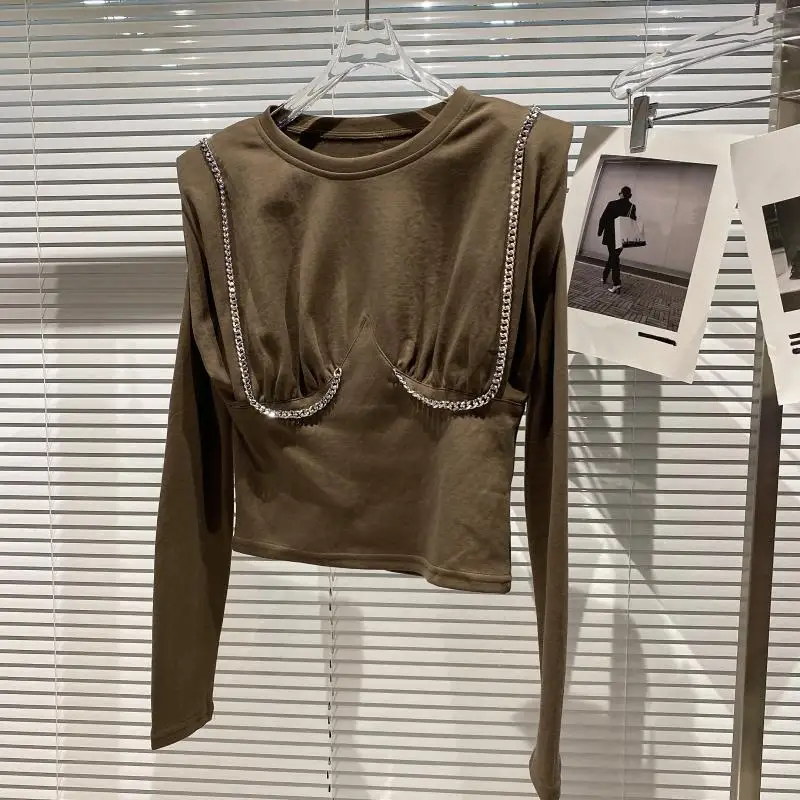 

Металлическая цепочка в сложенном виде, базовая хлопковая футболка, повседневная футболка с длинным светом, круглый Ne, стандартный крой, осеннее новое поступление