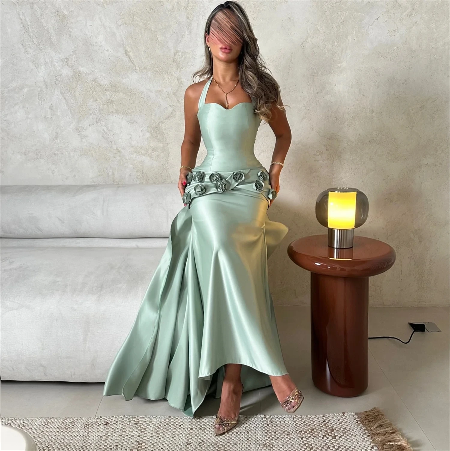 

Mint Halter Floral Long Bespoke Occasion Gown Evening Dresses Pastrol Unisex Jersey Retro Dubai Saudi Arabic Prom Customized