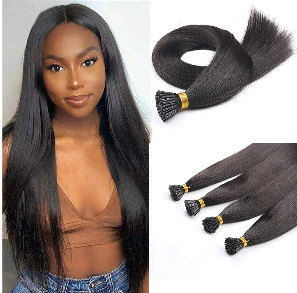 I Tip-Extensions de cheveux humains raides pour femmes noires, document noir naturel, trame de cheveux, 100 brins par paquet