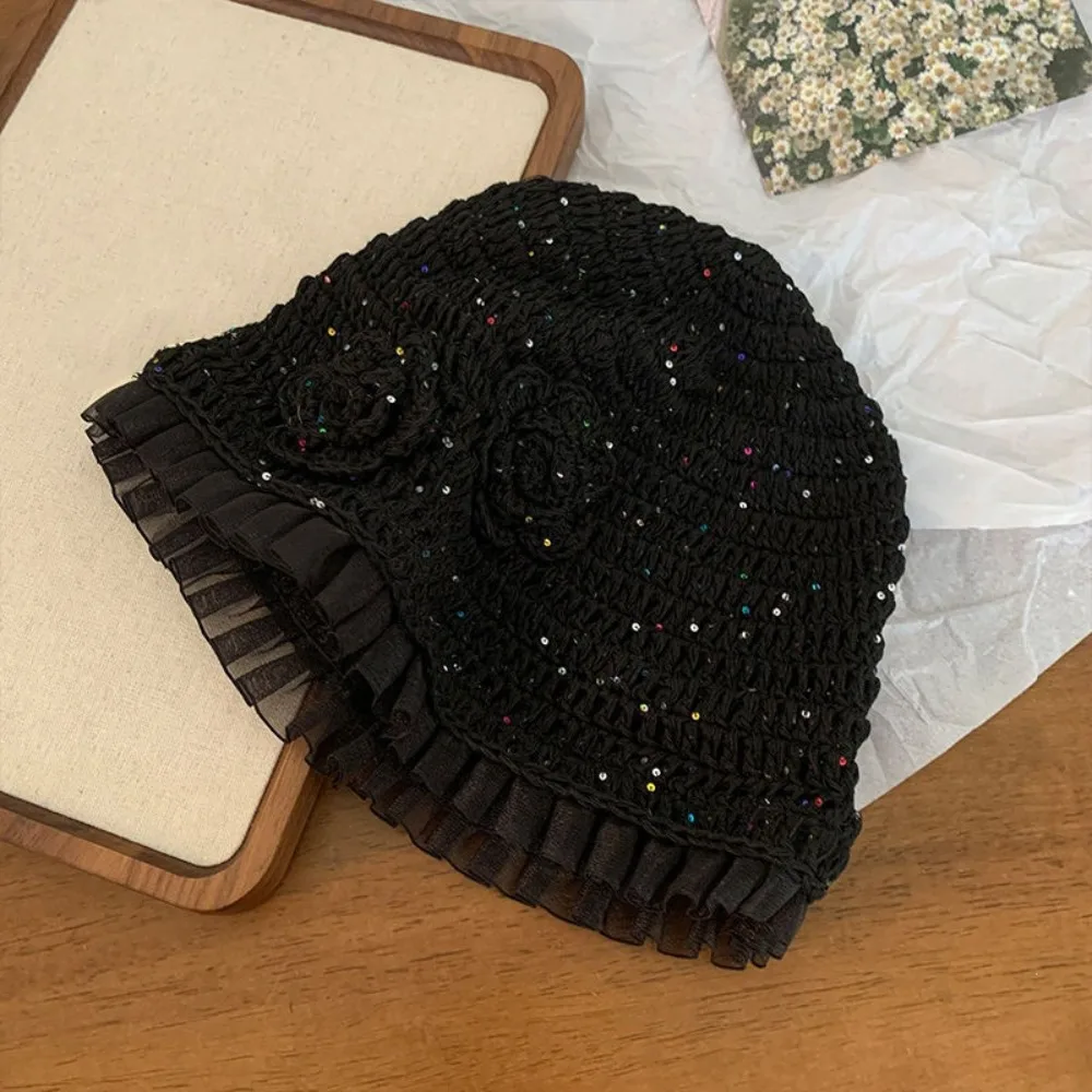 Casual Hand-Woven Knitted Beanies Solid Color Sequin Decor Crochet Hat Flower Pattern Breathable Hollow Out Hat Casual Wear