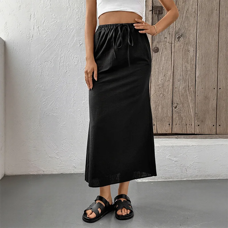 

2025 New Women's Casual Solid Color Drawstring Basic Fashion Versatile Half Length Skirt