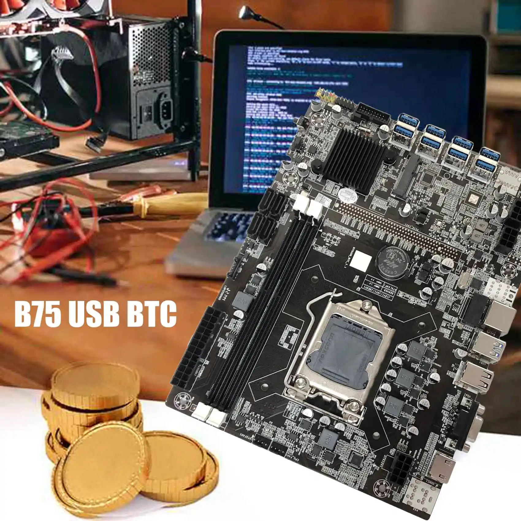BTC 마이닝 마더보드, CPU, 선풍기, DDR3 4GB, 1600Mhz RAM, 128G SSD, SATA 케이블, 스위치 케이블, LGA1155 8XPCIE-USB 보드, B75