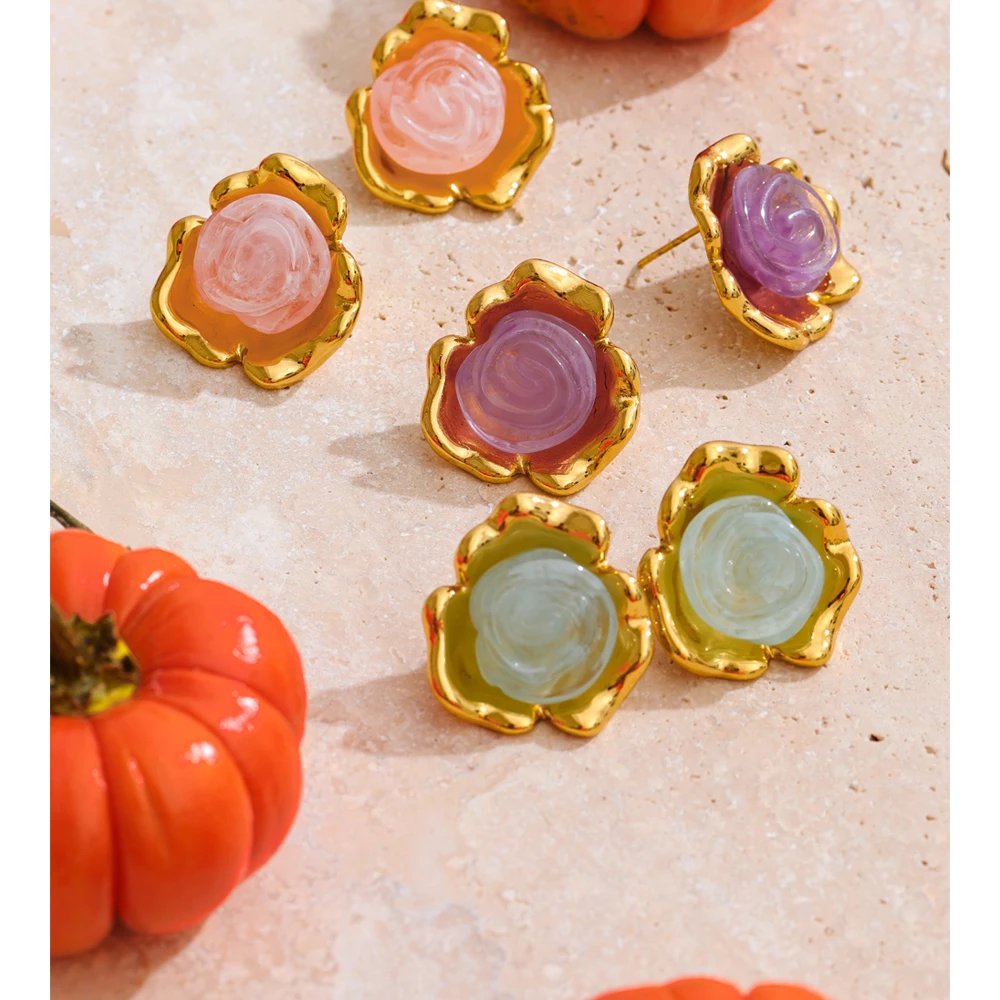 Yhpup Resin Acrylic Flower Y2K Stud Earrings for Women Stainless Steel Sweet Fashion Jewelry Waterproof Green Purple Pink
