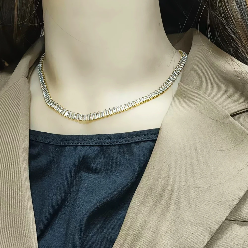 Stainless Steel Necklace Shiny Crystal White Green Cubic Zircon Choker Necklaces For Women Tennis Chain Necklace Jewelry Gift