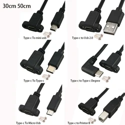 USB 3.1 C 타입 미니 마이크로 USB 프린터 B, 패널 마운트 나사, USB C 수-암 연장 와이어 연장기, 데이터 코드