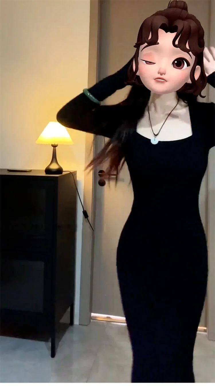 High-end gola quadrada lápis maxi vestido de manga cheia luxo rainha-chique preto bodycon sereia vestido de malha para 2025 aw luxo camadas