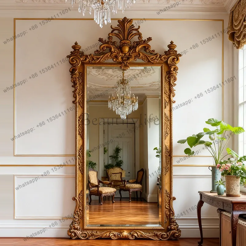 French Dressing Retro Home Carved Floor Mirror Living Room Advanced Feeling Against the Wall Full Body Fitting Mirror